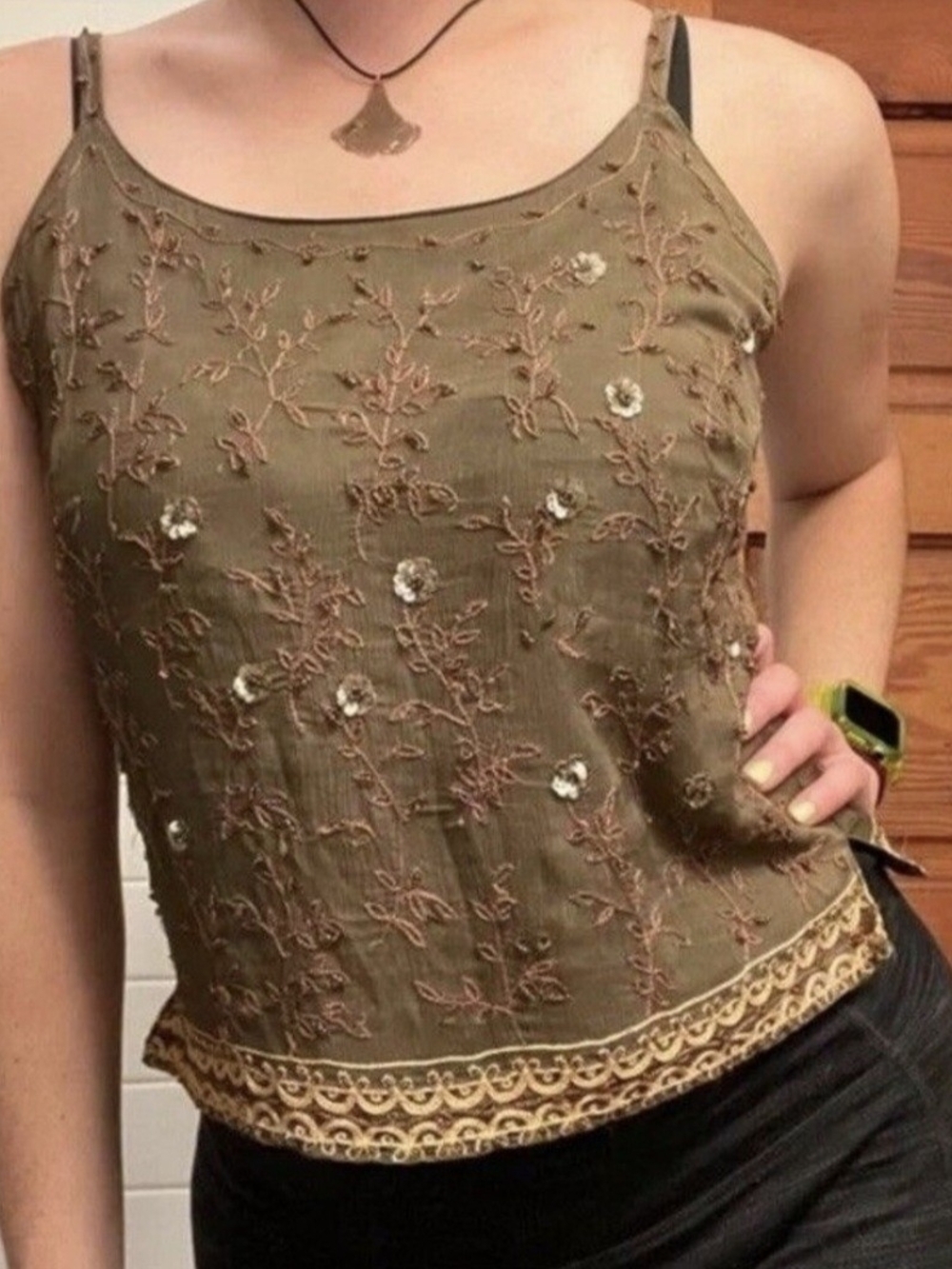 VTG Y2k Express Olive Green Embroidered Cami Top Junior  Size 13